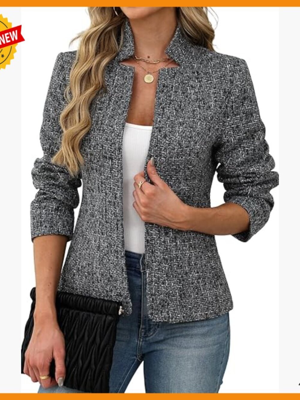 Tweed Blazer Open Front Notch Collar Long Sleeve Jacket Business Casual